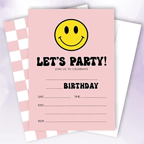 20 conjuntos de jogos de aniversário de rosto de rosto sorridente preppy com envelopes, vamos festejar para festas