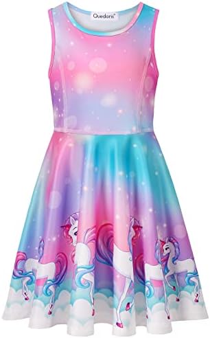 Quedoris Girls Dress Unicorn Print Casual Party Twirly Dress for Kids em 2T a 10 anos