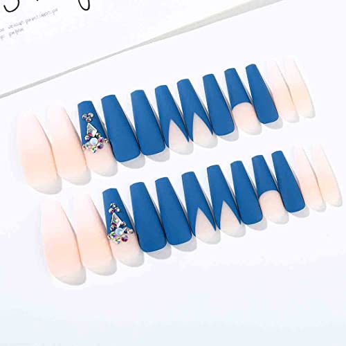 OUTYua Matte Rhinstone Extra Long Press On Nails Acrylic Blue ombre Fake Nails Caixão Super Longo