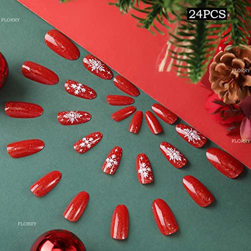 Florry Christmas Nails Pressione Red em pregos de férias longas unhas falsas com floco de neve acrílico
