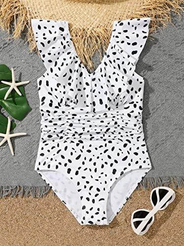 WDIRARARA GIRL's Ruched Ruffle One Piece Swimsuit Dalmatian Print V Neck Bathing Suiting