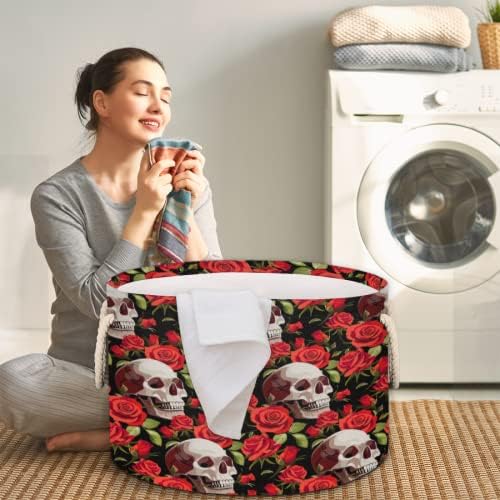 Halloween Skulls Rosas vermelhas grandes cestas redondas para cestas de lavanderia de armazenamento