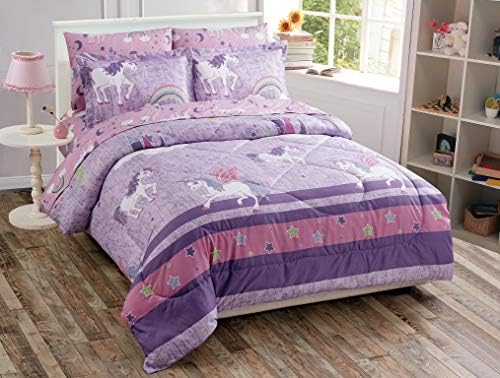 Coleção em casa edredom size e lençol de lençol castelo unicórnio arco-íris lavanda rosa roxo multicolor