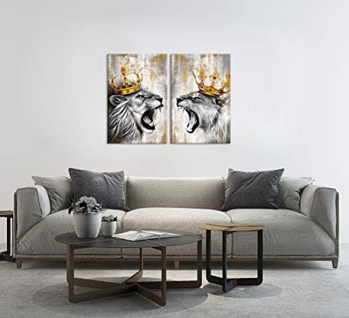 Zlove 2 peças Animal King Wall Art Lion e Leoa com Crown Grey e Gold Romântico Casal Romântico Obras