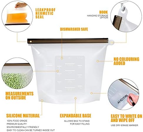 Bolsas de zíper de alimentos de silicone reutilizáveis ​​Tamanho de 1000 ml Freezer e lava-louças Organização