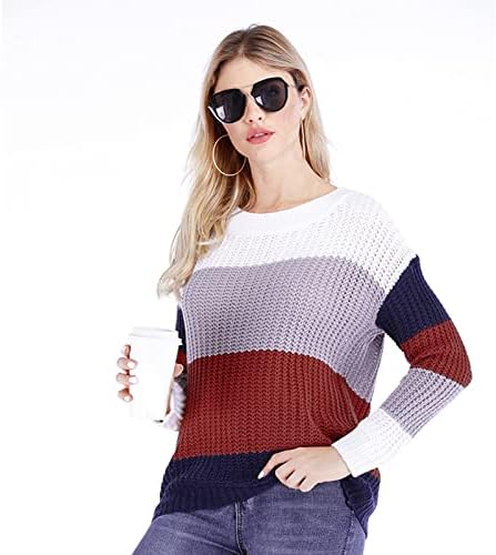 Blusas femininas coloras de listras contraste no pescoço redondo raglan sweter de tricô comprido suéter de