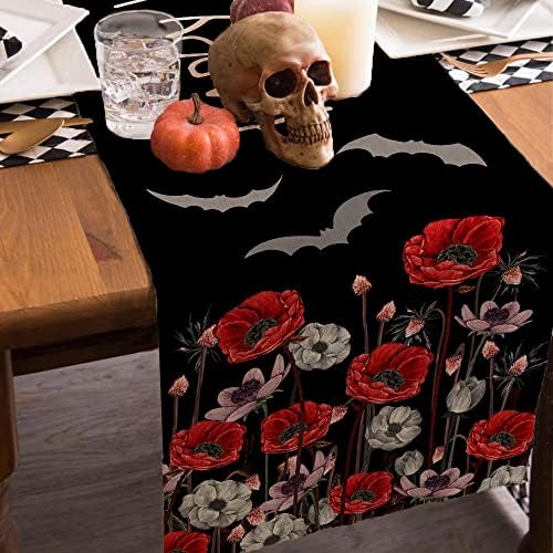 Feliz Halloween Decorações Poppy Flower Black Table Runner 13x72 polegadas de comprimento Fazenda