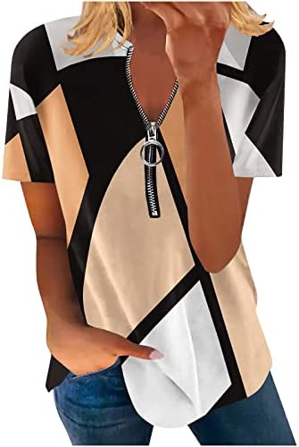 Moda feminina V zíper para o pescoço de manga curta tops casuais geométricos geométricos camisetas top