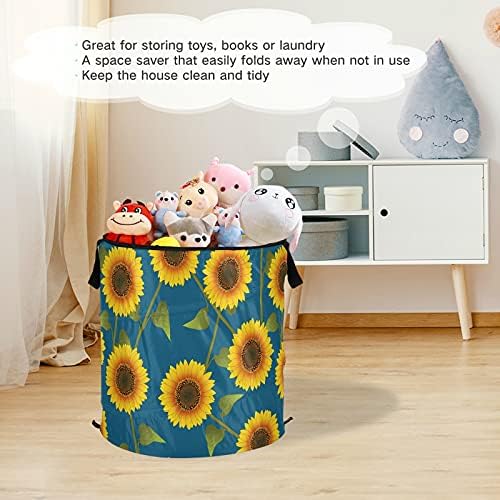 Cesto de lavanderia azul de girassol amarelo com tampa com tampa dobrável cesta de armazenamento bolsa