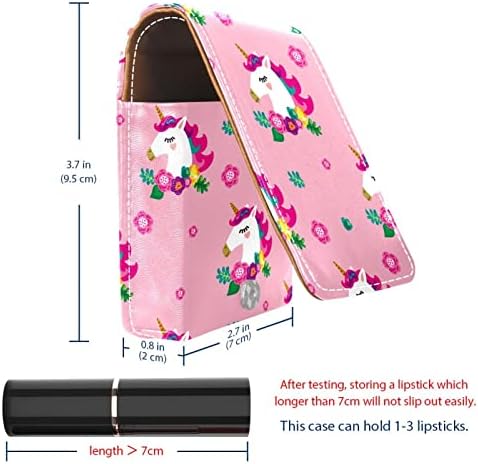 Padrão de unicórnio com flores Caixa de batom rosa para viajar para fora, mini bolsa cosmética de couro