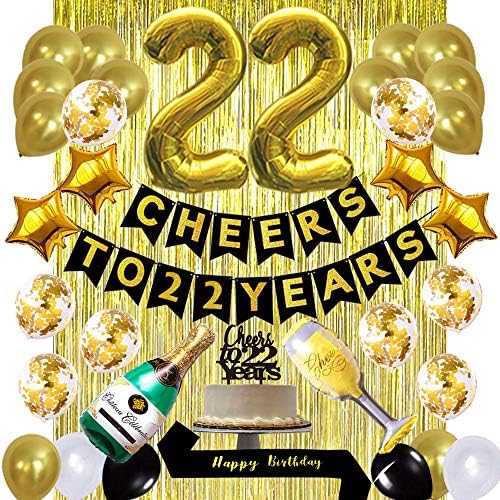 Kit de decorações de 22º de aniversário de ouro, aplausos a 22 anos de bandeira balões, 22ª faixa de aniversário