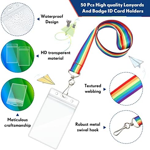 Teling 50 sets Corda de arco -íris com titulares de distintivos de identificação, cordão de chaveiro destacável