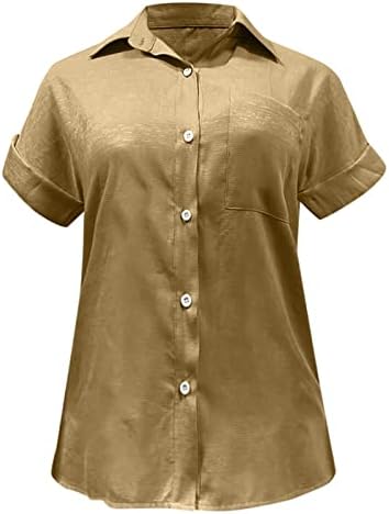 Botão clássica camiseta feminina verão nova damas de algodão solto de algodão e lapela rolada Camisas curtas