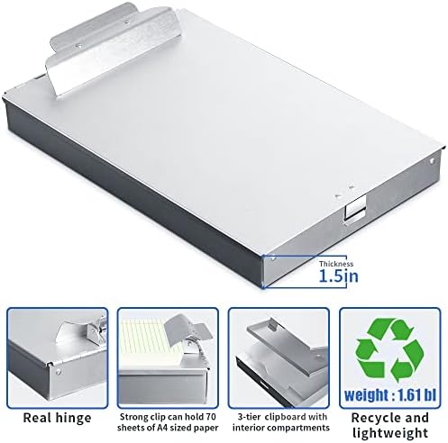 Sunnyclip Metal Clipboard com armazenamento, quadros de caixas de três camadas de alumínio, porta-formulários de