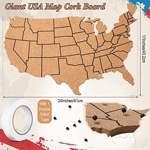 Mapa de viagem gigante nos EUA com pinos EUA mapa de cortiça tábua com 10 pinos de push 24 x 17 x 0,6