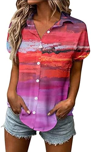 Camisas femininas de verão Casual de manga curta para baixo 3D Camisa gráfica da camisa de leão floral