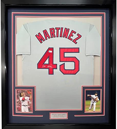 Emoldurado/assinado Pedro Martinez 33x42 Jersey de beisebol de Boston Gray JSA COA