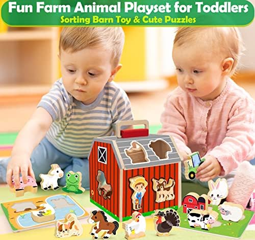 Animais de fazenda de madeira brinquedos para 1 2 menino de 3 anos, brinquedo de celeiro de tiro-alongamento
