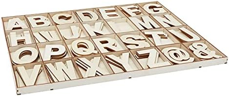 Letras de madeira inacabadas, símbolos, bandeja de armazenamento, alfabeto de 3 polegadas