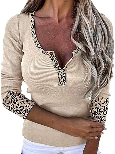 Novo leopardo feminino Splice v malha de pescoço botão superior tampeiras blusas de camisa