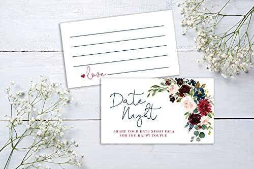 Borgonha e Marinha Floral Date Night Game Sign e cartas ótimas para chuveiros e casamentos de noiva, floral