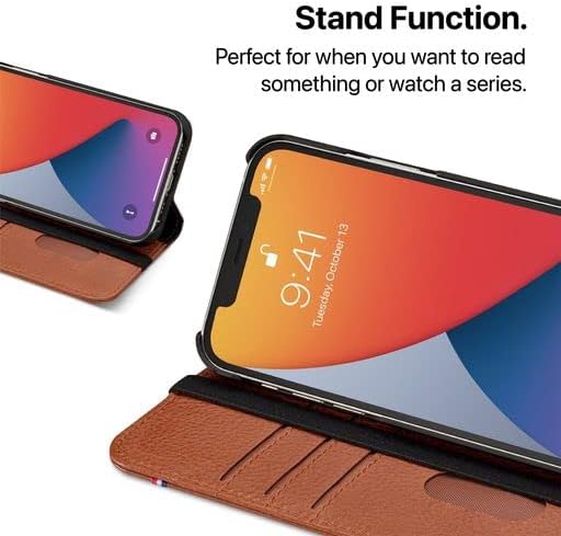Caixa de carteira decodificada - iPhone 12/12 Pro - testado pela Apple - Proteção completa - compatível com carregamento sem fio - capa de flip -europeu de couro - marrom claro