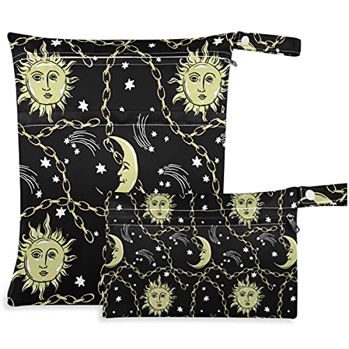 VISESUNNY Vintage Moon Star Black 2pcs bolsa molhada com bolsos com zíper Bolsa de fraldas lagartas