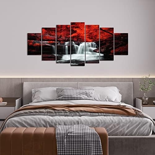 Arte da parede branca e vermelha de Levvarts Branco e vermelho enormes 7 peças Red Tree Florestas Cachoeira