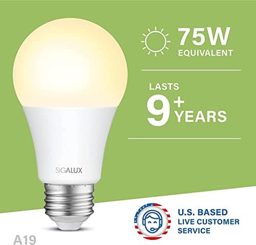 Lâmpada LED Sigalux A19, lâmpadas LED não minimizáveis ​​de 75 watts equivalentes, brancos macios 2700k 1100lm