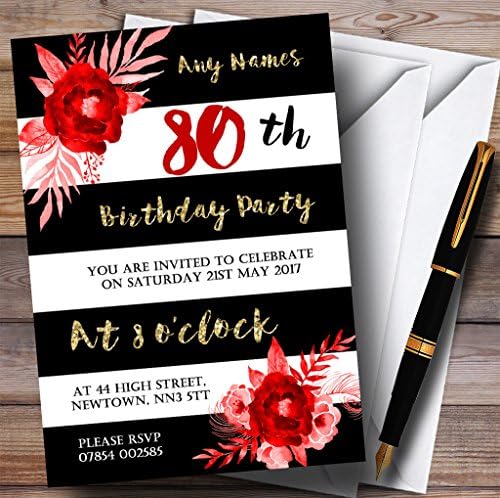 Black White Listrado Dourado Vermelho Flor 80º convites de festa de aniversário personalizados
