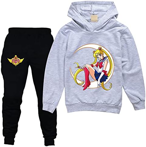 Huanxa Kids Sailor Moon Sorto Capuz de pulôver e calças de corrida 2 peças Ternos de moletom casual