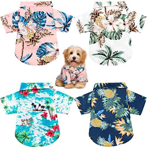 WeewooDay 4 peças Pet Summer camisetas de verão Hawaii Camisa de cachorro floral camisa havaiana camisetas