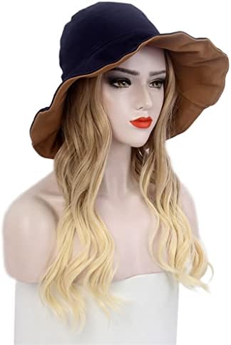 Lukeo Ladies Hair Hat Hat Black Shade Fisherman Hat Wig Plus Hat Hat Long Curly Gold Wig Hat
