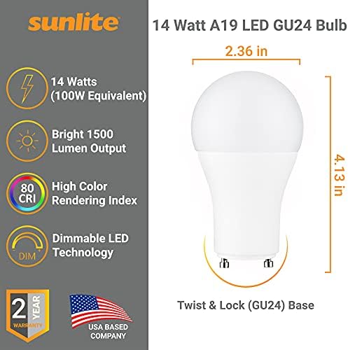 Sunlite 40224 lâmpada A19 LED, 14 watts 1500 lúmens, GU24 Twist and Lock Base, Dimmable, Ul listado, 2700k