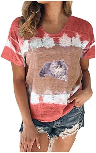 Moda casual feminino Tees de manga curta Tops confortáveis ​​blush fofo gato de gato t-shirt de