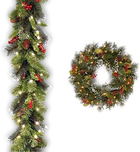 Garland artificial de Natal artificial pré-iluminada em árvores, verde, abeto de madeira, 9 pés e grinalda