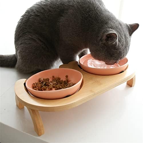FZZDP Cerâmica Tiltada Pet elevada Pet Bowl Com Stand de madeira para gatos e cães sem derramamento de gatos