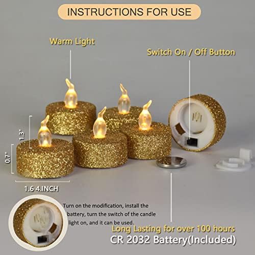 Luzes de chá douradas de Glitter Glitter, pacote de 12, com luz quente da lâmpada branca, realista e