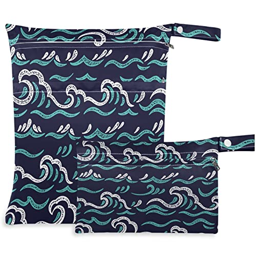 VISESUNNY Blue Sea Wave 2pcs fraldas trocando bolsas molhadas com bolsos com zíper para fraldas