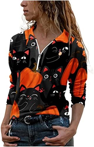 Tees de manga comprida feminino Pumpkin Ghost Cat Tops Bustier Tshirts Deep V High Neck Vacation Halloween