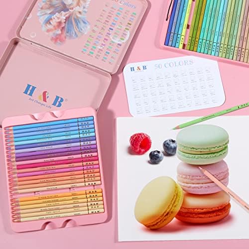 Lápis de cor pastel H&B 50 Conjunto de lápis - Macaron Coloring para coloração adulta - Arte profissional