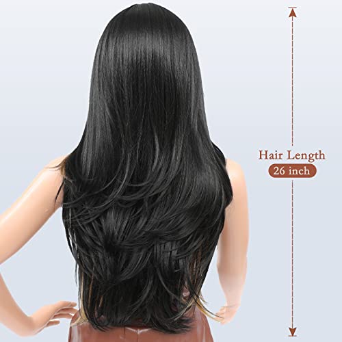 Perucas pretas longas para mulheres em camadas de cabelos lisados ​​Parte do meio sintético da peruca em camadas