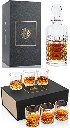 Kanars Whisky Decanter e Liquor Glasses Conjunto, Decanter redondo premium, copo de barra de barra de diamante
