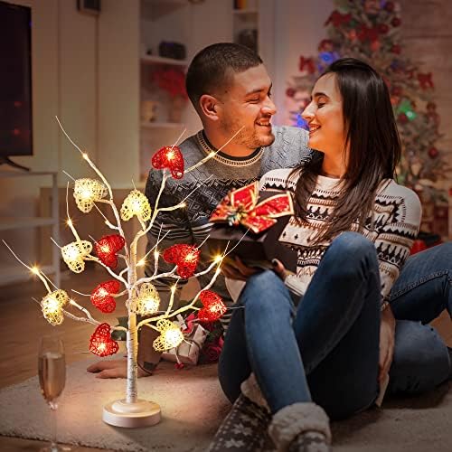Árvore dos namorados iluminados de 24 polegadas com 12 corações de vime, 24 LED de decoração do dia