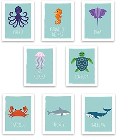 Kindred Sol coletivo Animais Oceanos Cartões de parede Espanhol, decoração de quarto de viveiro náutico, infantil
