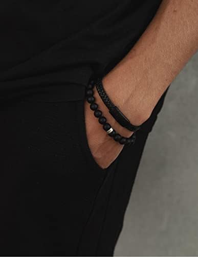 Pulseiras de contas e couro de Luxar Men | Couro preto entrelaçado e pulseira de contas de onyx preto