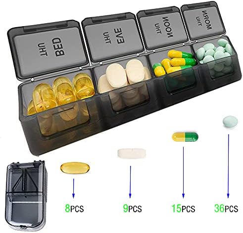 Caixa de armazenamento de comprimidos e kit de divisor de comprimidos de Andefu / Grande caixa de comprimidos portáteis de 28 dias 4 vezes ao dia / para vitaminas, óleo de peixe, suplementos e medicamentos, preto