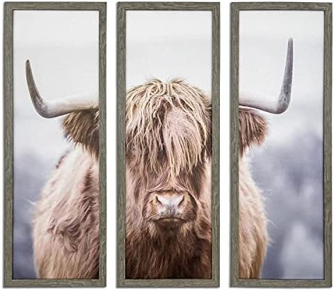 Wild Scottish Highland Cattle Tave Wall Art Bull com chifre e cabelos longos emoldurada em tela de pintura de pintura