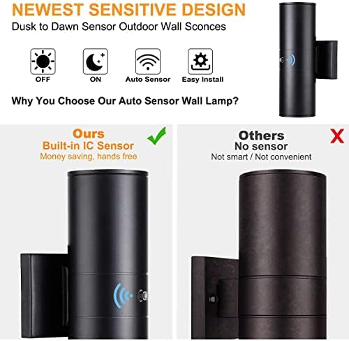 Tipace 2 Pack Dusk to Dawn Modern Outdoor Varanda Luzes de Luzes Matte Black Sensor para cima e para