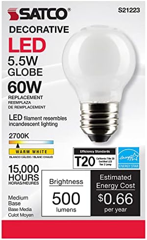 Satco 5,5 watts LED E26 LUZ, 2700K, 15000 HORAS CLASSIFICAÇÃO, WHITE DIMMABLE